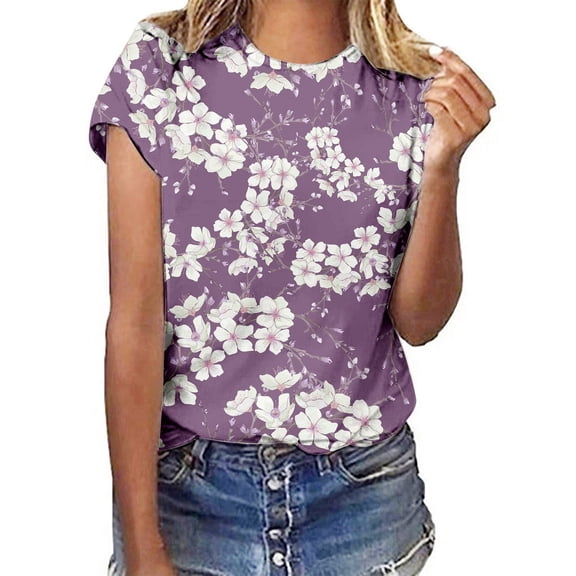 Womens Casual Tee Floral Print Round Neck Short Sleeve Beach Vacation Clothes for Women,Purple,M