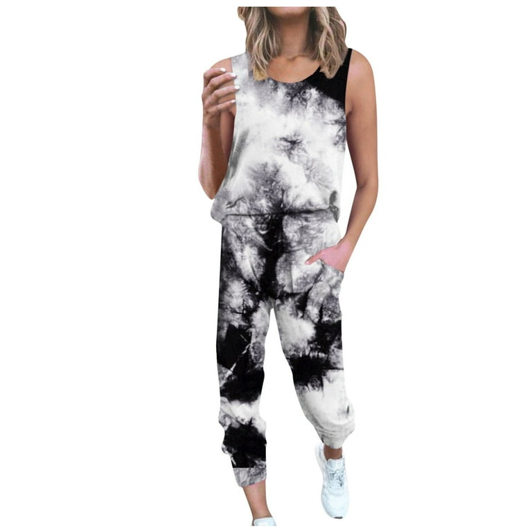 Womens Casual Tie Dye 2 Piece Tracksuit Set Sleeveless Tank Top