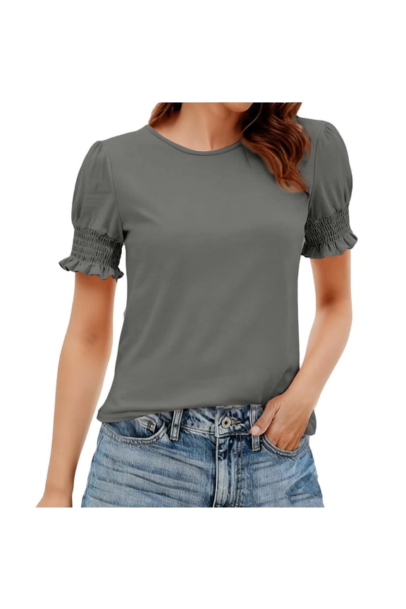 Womens Casual Top, Puff Sleeve Blouse with Smocked Cuff, Soft Stretchy Short Sleeve Shirt for Everyday Wear in Gray,Size 2XL