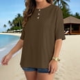 thumbnail image 1 of Womens Casual Tops 3/4 Sleeve Crewneck Bottons Shirts Summer Loose Solid Color Basic Tee Beach Vacation Tops Coffee XXL, 1 of 9