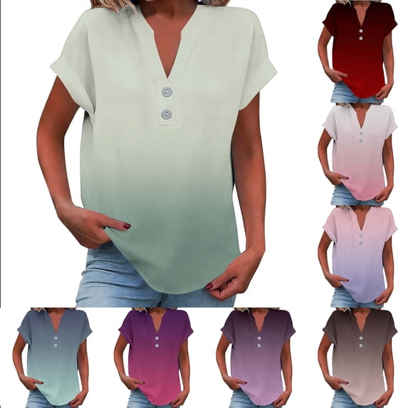 Womens Casual Tops Blouse for Women Women Casual Printed Short Sleeve Button Home V-Neck T-shirt Blouses Dark Gray XXL
