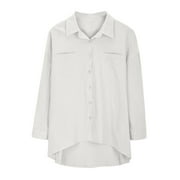 JSKUMAR Womens Casual Tops Button Down Long Sleeve V Neck High Low Hem Shirts Loose Lightweight Work Blouse with Pockets(X-Large,White)