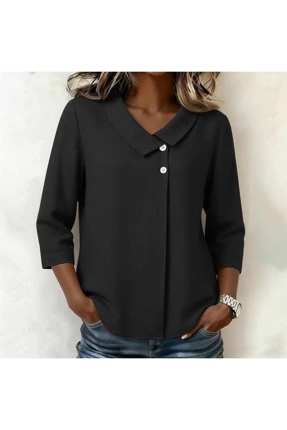 Womens Casual Tops Button Front Mandarin Collar 3/4 Sleeve Blouse Solid Color Trendy Cotton Shirts,Sizes S-3XL