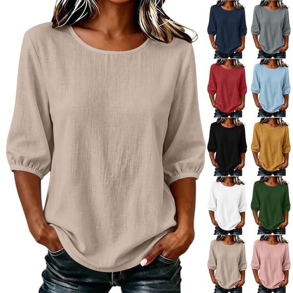 Womens Casual Tops, Crew Neck Mid Sleeve Curved Hem Solid Shirts, Summer Beach Vacation Wear, Trendy Tops for Women | VerBelle,Khaki XL