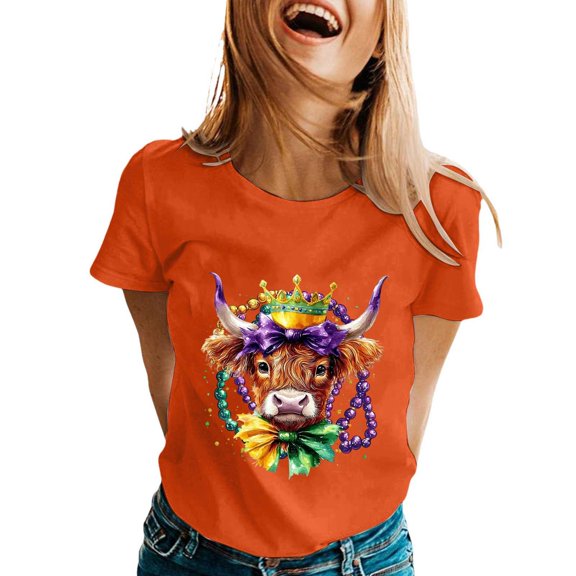 Womens Casual Tops Crew Neck Short SLeeve Loose Fit Carnival Highland Cattle Printed Tees 2026 Spring Beach Vacation Trendy T Shirts