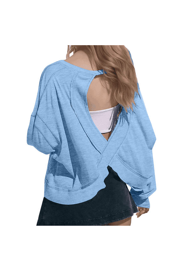 Womens Casual Tops Crewneck Blue Long Sleeve T Shirts for Women Basic Tops Fall Winter Clothes for Women