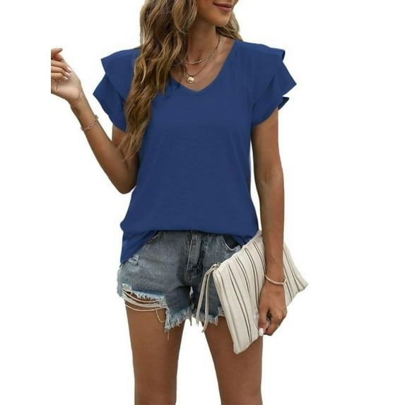 Womens Casual Tops Cute Ruffle Short Sleeves V Neck T-Shirts Solid Color Fashion Loose Tunic Top