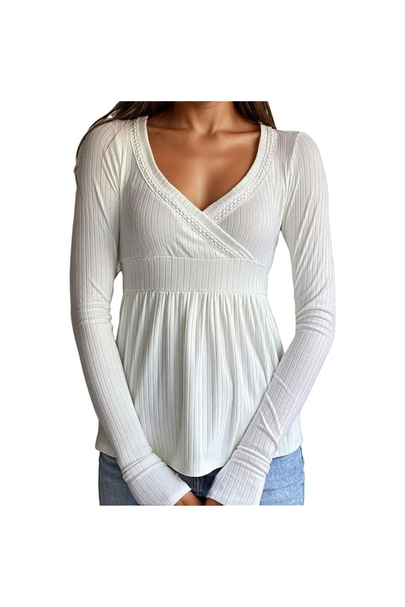 Womens Casual Tops Deep V Neck Lace Trimmed Design Elegant Waist Defining Crop Tops for Women,White,M