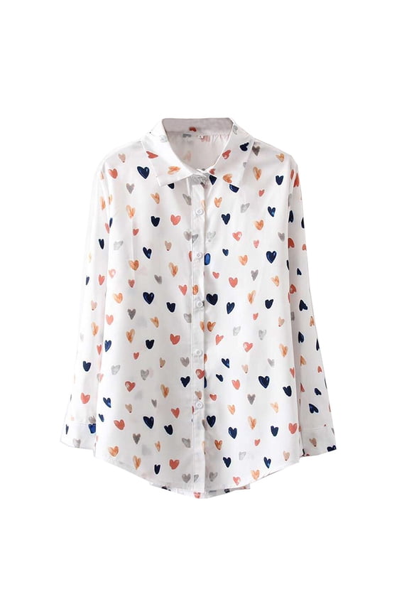 Womens Casual Tops Fashion Long Sleeve Heart Print Korean Loose Rugby Shirt for Women,White,L