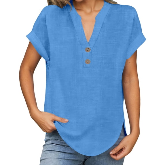 Womens Casual Tops Fashion Solid Color V Neck Linen Short Sleeved Summer Tops,Light Blue,2XL