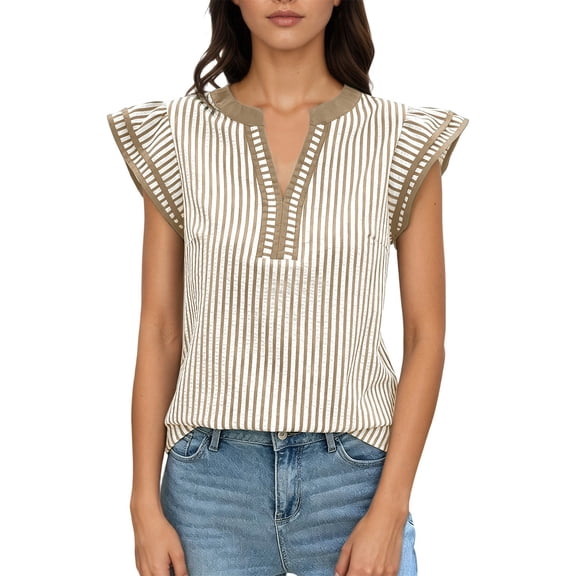 Womens Casual Tops Fashion Striped Contrast Collar Flutter Sleeves Womens Athletic Tops,Beige.XL