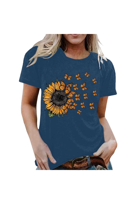 Womens Casual Tops Graphic Print Short Sleeve Crew Neck Letter Pattern Soft Beach Vacation Clothes for Women,Navy,M