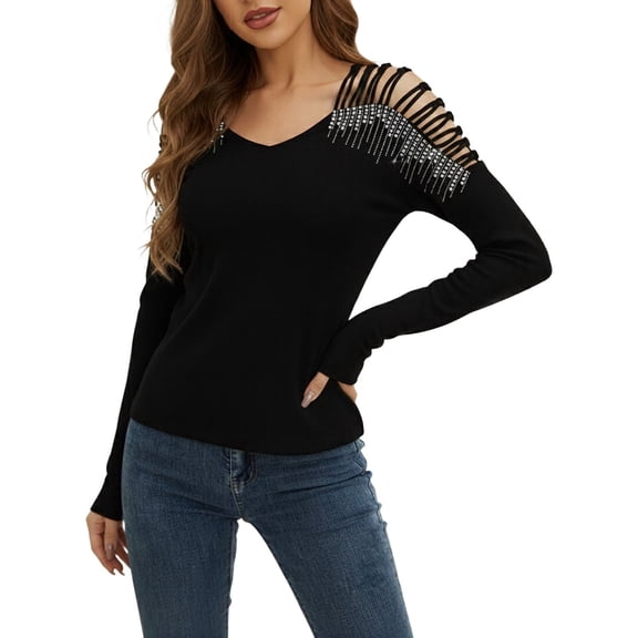 Womens Casual Tops Lace Trim Rhinestone Print Long SLeeve Loose Fit Tees Spring Summer Crewneck Fashion Basic Blouses