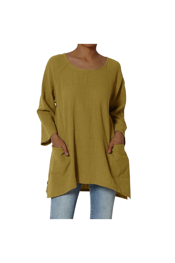 Womens Casual Tops Loose Boatneck Solid Color Pocket Womens Sprimg Clothing,Yellow,L