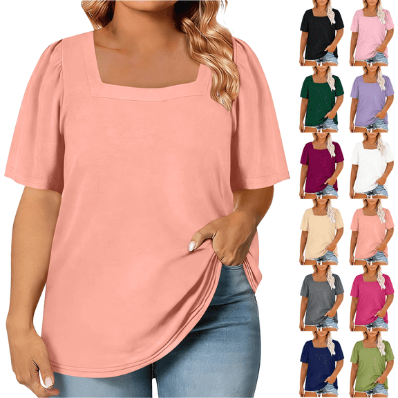 Womens Casual Tops Plus Size Square Neck Shirts Spring Summer Everyday Loose Womens Short Sleeve Blouses,Sizes XL-5XL