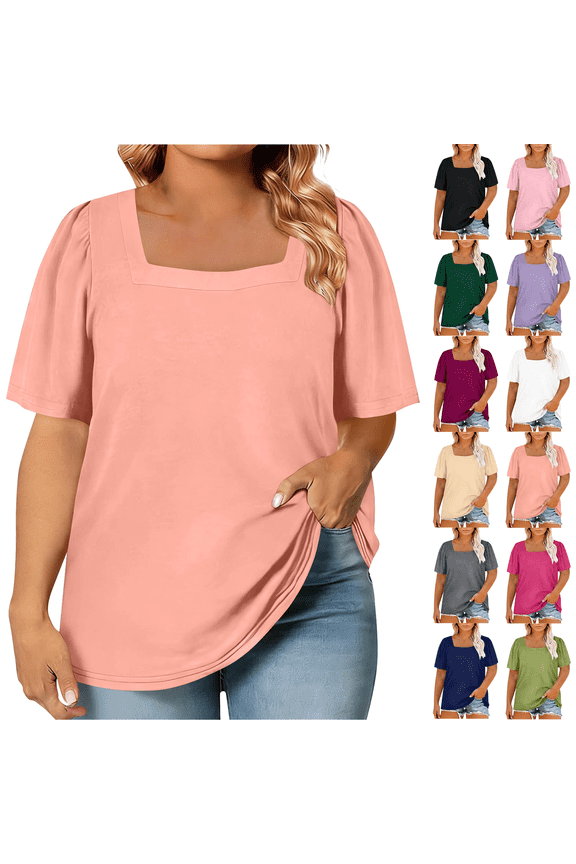 Womens Casual Tops Plus Size Square Neck Shirts Spring Summer Everyday Loose Womens Short Sleeve Blouses,Sizes XL-5XL