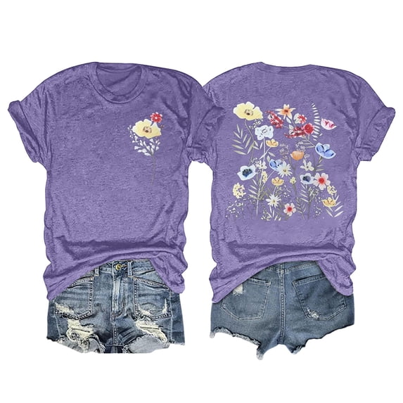 Womens Casual Tops Printed Short Sleeved Crew Neck Beach Vacation Clothes for Women,Purple,M