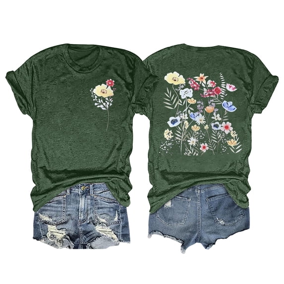 Womens Casual Tops Printed Short Sleeved Crew Neck Ribbed Tops for Women,Green,S