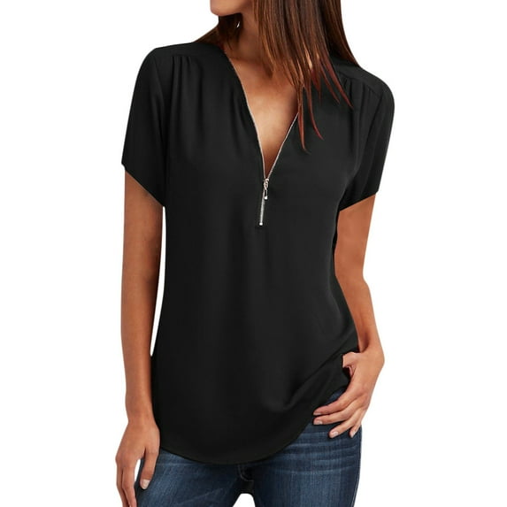 Womens Casual Tops Shirt Ladies V Neck Zipper Loose T-shirt Blouse Tee Top