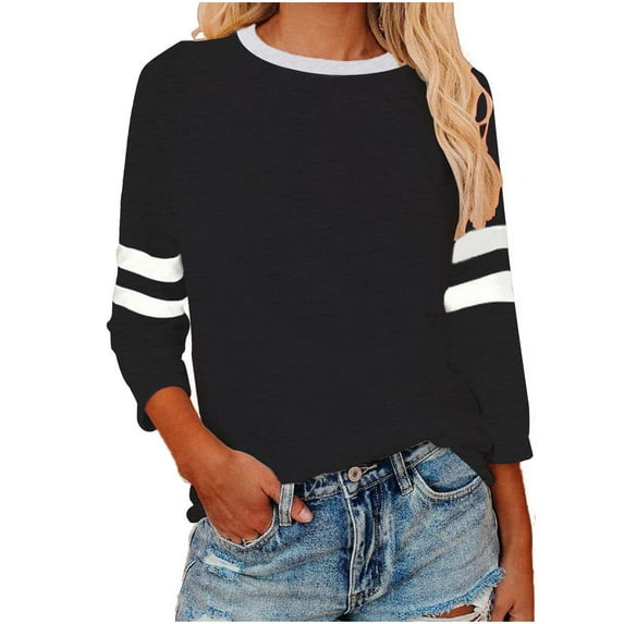 Womens Casual Tops,Sleeves for Women,Casual Patchwork Round Neck Three-Quarter Sleeve 3/4 Sleeve T-Shirt Loose Top,3/4 Sleeve Tops for Women