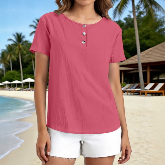 Womens Casual Tops Solid Color Crewneck Short Sleeve Buttons Shirts Summer Daily Vacation T Shirt Hot Pink S
