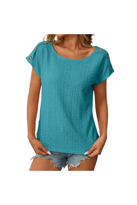 Womens Casual Tops Solid Color Jacquard Hollow Short Sleeved Petite Clothing for Women,Mint Green,S
