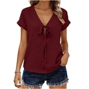 Womens Casual Tops Solid Color V Neck Short Sleeve Shirts Bow Tie Front Loose Fit Womens Summer Blouses,Sizes S-2XL