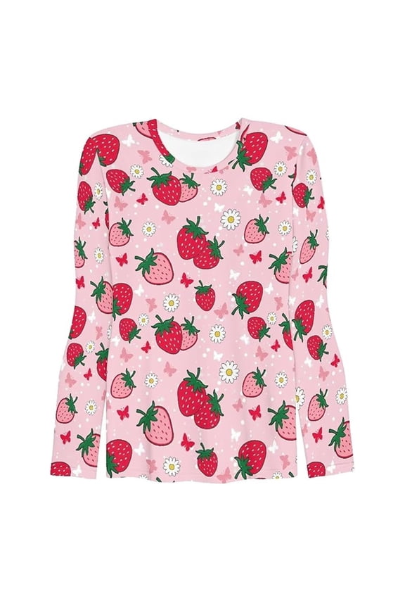 Womens Casual Tops Strawberry Printed Long Sleeved Round Neck Womens Summer Tops,Pink,L