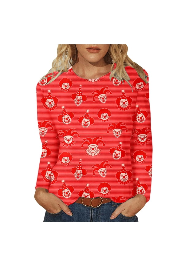 Womens Casual Tops Striped Print Long Sleeve Crew Neck Comfort Beach Clothes for Women,Red,M