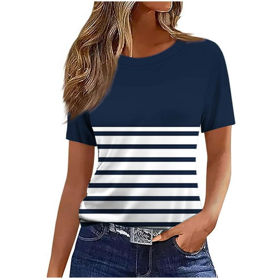 Womens Casual Tops Summer Short Sleeve T Shirt Striped Color Block Pullover Blouses Navy L