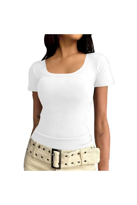 Womens Casual Tops U-Neck Short Sleeve T Shirts for Women Solid Color Slim Fit Basic Tee Soft Comfy Everyday Blouses Tops