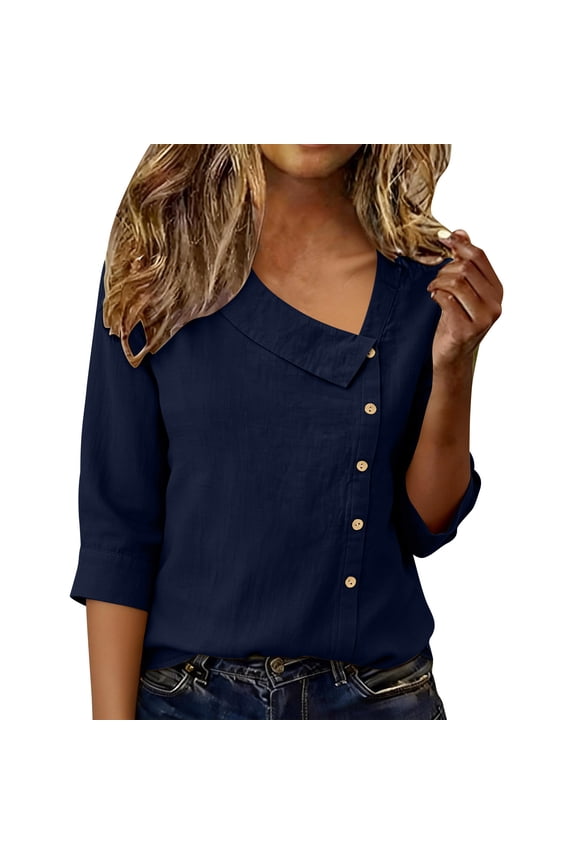Womens Casual Tops V Neck 3/4 Sleeve Button Down Blouses,Navy,Size M