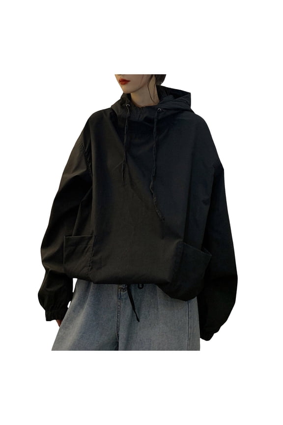 Womens Casual Tops Winter Fall Relaxed Fit Hooded Long Sleeve Bell Drop Shoulder Drawstring Solid Color Leisure Cotton Hoodies Sweatshirts(Black,XL)