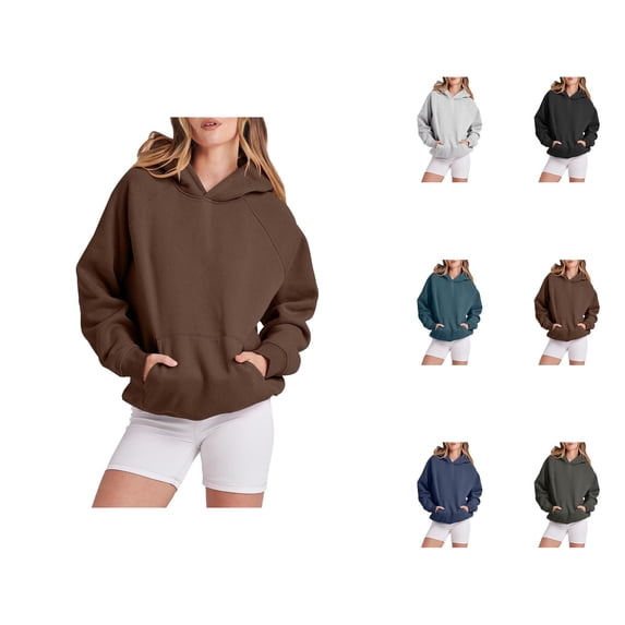 Womens Casual Tops Women's Solid Color Sweatshirt Women Solid Basic Letter Loose Hoodie Sweatshirt Long Sleeve Pocket Drop Shoulder Pullovers Top