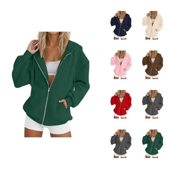 Womens Casual Tops Women's Solid Sweatshirt Women Fashion Solid Loose Hooded Zipper Hoodie Long Sleeve Jacket