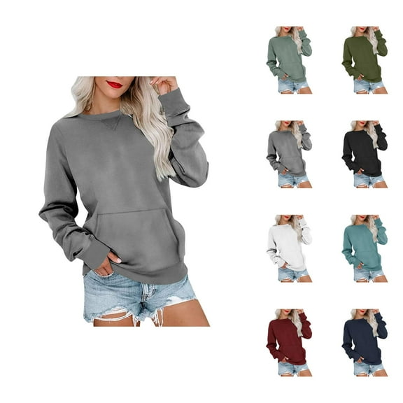 Womens Casual Tops Women's Solid Sweatshirt Womens Long Sleeve Pocket Hoodie Pullover Crewneck Sweatshirt Drop Shoulder Casual Top Lightweight Hoodie