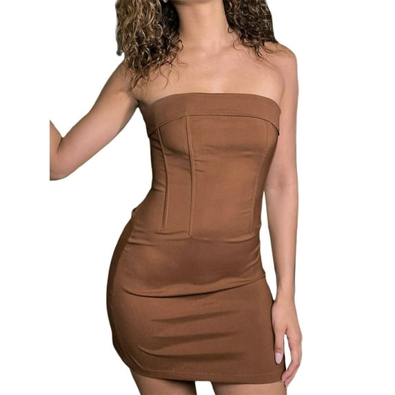 Womens Casual Tube Tops Dress Strapless Off Shoulder Skinny Bodycon Short Mini Dress Club Streetwear