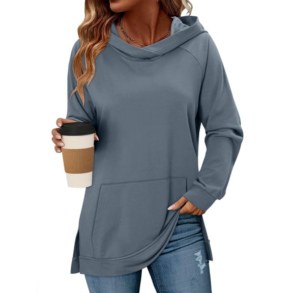 Womens Casual Tunic Hoodies Long Sleeve Pullover Sweatshirts Comfy Fleece Sweaters Winter Fall Split Hooded Tops with Pockets Navy L