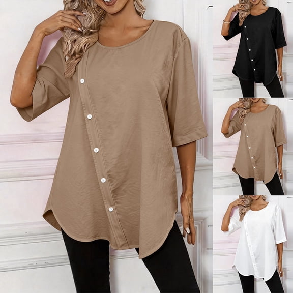 Womens Casual Tunic Top Crew Neck 3/4 Sleeve Asymmetrical Button Side Loose High-Low Hem Everyday Solid Color Blouse Khaki XL(XL)