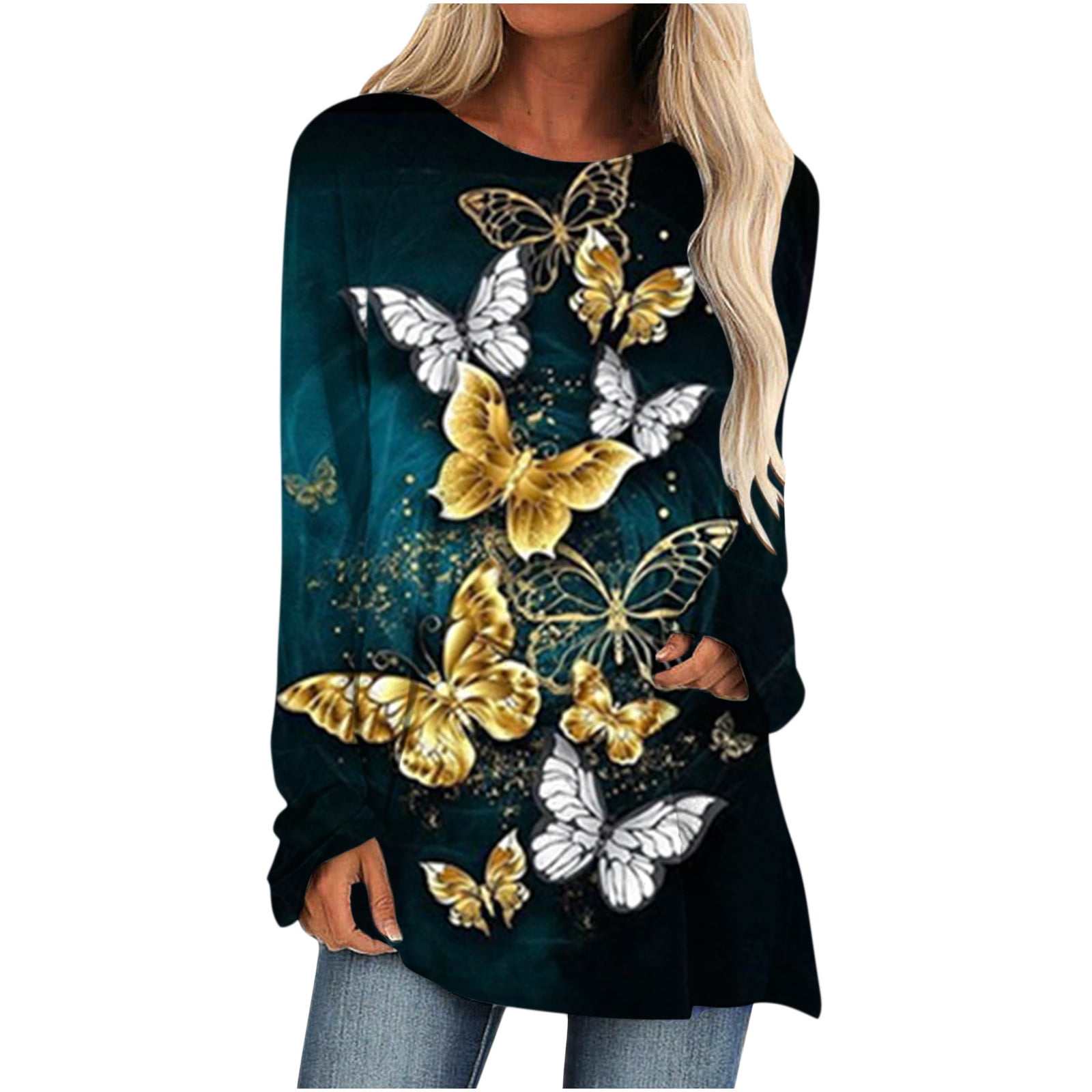 Womens Casual Tunic Tops for Leggings Fashion Butterfly Print Crewneck