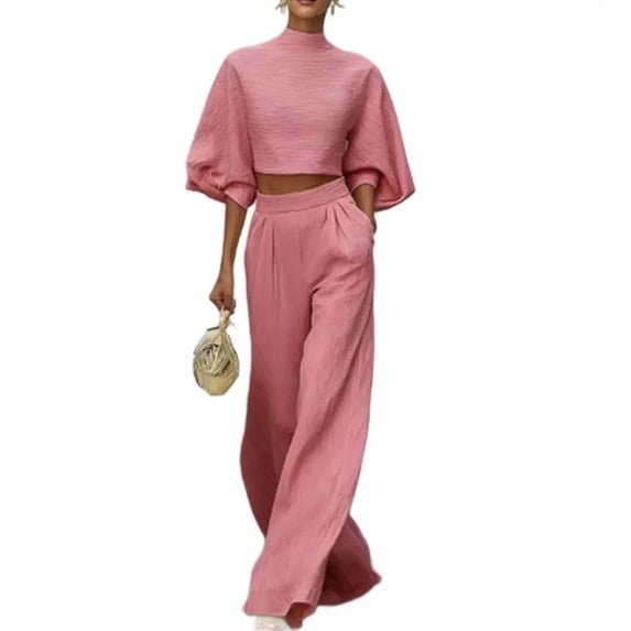 Womens Casual Two Piece Outfit High Neck Puff Sleeve Crop Top High Waist Wide Leg Pants Textured Casual Set Pink S(S)