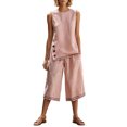 thumbnail image 1 of Womens Casual Two Piece Outfit Round Neck Sleeveless Top Elastic Waist Culotte Pants with Pockets Cotton Blend Vacation Set Pink L(L), 1 of 5