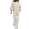 thumbnail image 1 of Womens Casual Two-Piece Outfit V-Neck Long Sleeve Top High Waist Straight Leg Pants with Pockets Cotton Linen Set White S(S), 1 of 6