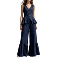 thumbnail image 1 of Womens Casual Two Piece Outfit V Neck Sleeveless Button Peplum Top High Waist Ruffle Hem Wide Leg Pants Solid Color Elegant Set Navy XXL(XXL), 1 of 7