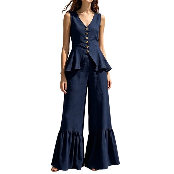 Womens Casual Two Piece Outfit V Neck Sleeveless Button Peplum Top High Waist Ruffle Hem Wide Leg Pants Solid Color Elegant Set Navy XXL(XXL)