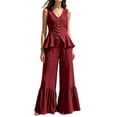 thumbnail image 1 of Womens Casual Two Piece Outfit V Neck Sleeveless Button Peplum Top High Waist Ruffle Hem Wide Leg Pants Solid Color Elegant Set Wine S(S), 1 of 6