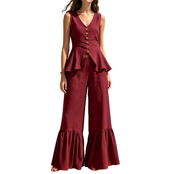 Womens Casual Two Piece Outfit V Neck Sleeveless Button Peplum Top High Waist Ruffle Hem Wide Leg Pants Solid Color Elegant Set Wine S(S)