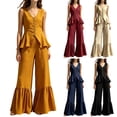 thumbnail image 1 of Womens Casual Two Piece Outfit V Neck Sleeveless Button Peplum Top High Waist Ruffle Hem Wide Leg Pants Solid Color Elegant Set Yellow XL(XL), 1 of 7