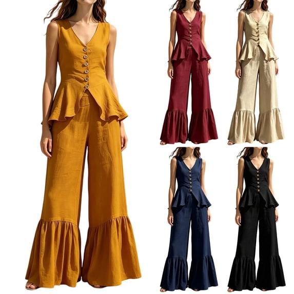 Womens Casual Two Piece Outfit V Neck Sleeveless Button Peplum Top High Waist Ruffle Hem Wide Leg Pants Solid Color Elegant Set Yellow XL(XL)