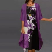 FAVIPT Womens Casual Two-Piece Set Floral Print Maxi Dress with Cardigan Irregular Hem Flowy Chiffon Wedding Guest Dress